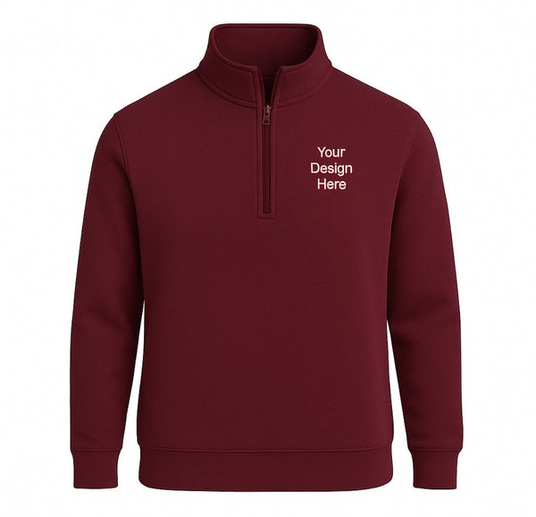 Maroon Front view of a Port & Company PC78Q fleece quarter-zip sweatshirt customized with embroidered company logo by Sharp Stitch. half-zip sweatshirt with customizable text on a white background
Unisex fleece 1/4-zip sweatshirt with left chest business logo embroidery. Available in multiple colors from Sharp Stitch in Niles, IL.
