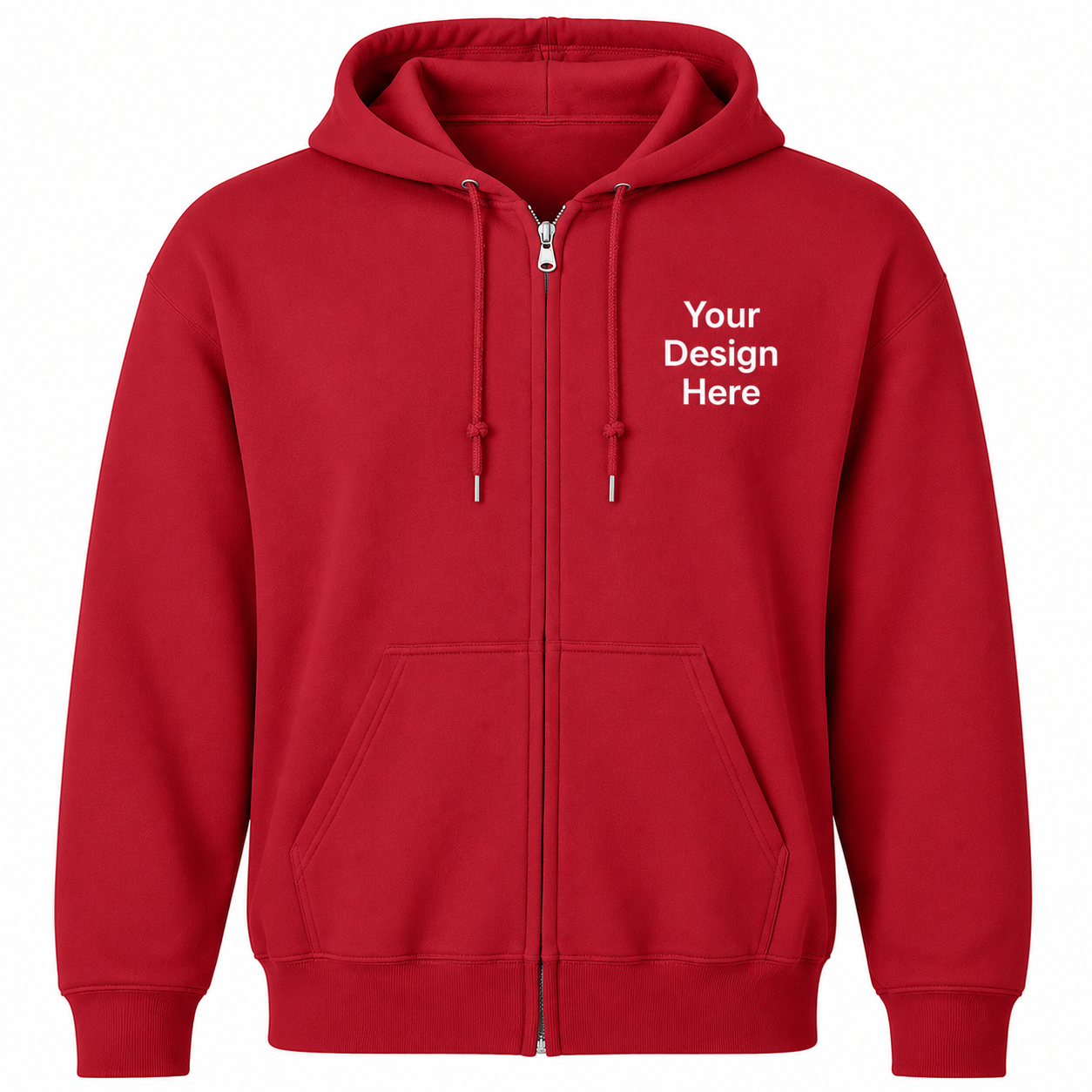 Red full-zip hoodie for custom embroidery and DTF printing with premium left chest logo placement.