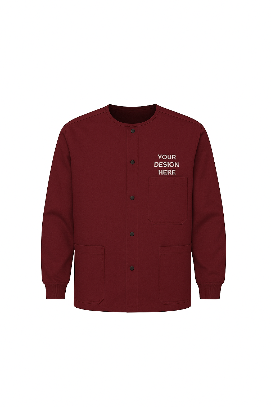 Maroon scrub with text 'Your Design Here' on a white background
Unisex full-sleeve scrub jacket with embroidered logo on chest, snap-button closure, ribbed cuffs, and 3 pockets. Ideal for medical, dental, and veterinary uniforms.
Full sleeve scrub jacket featuring DTF printed clinic or hospital branding for medical staff.