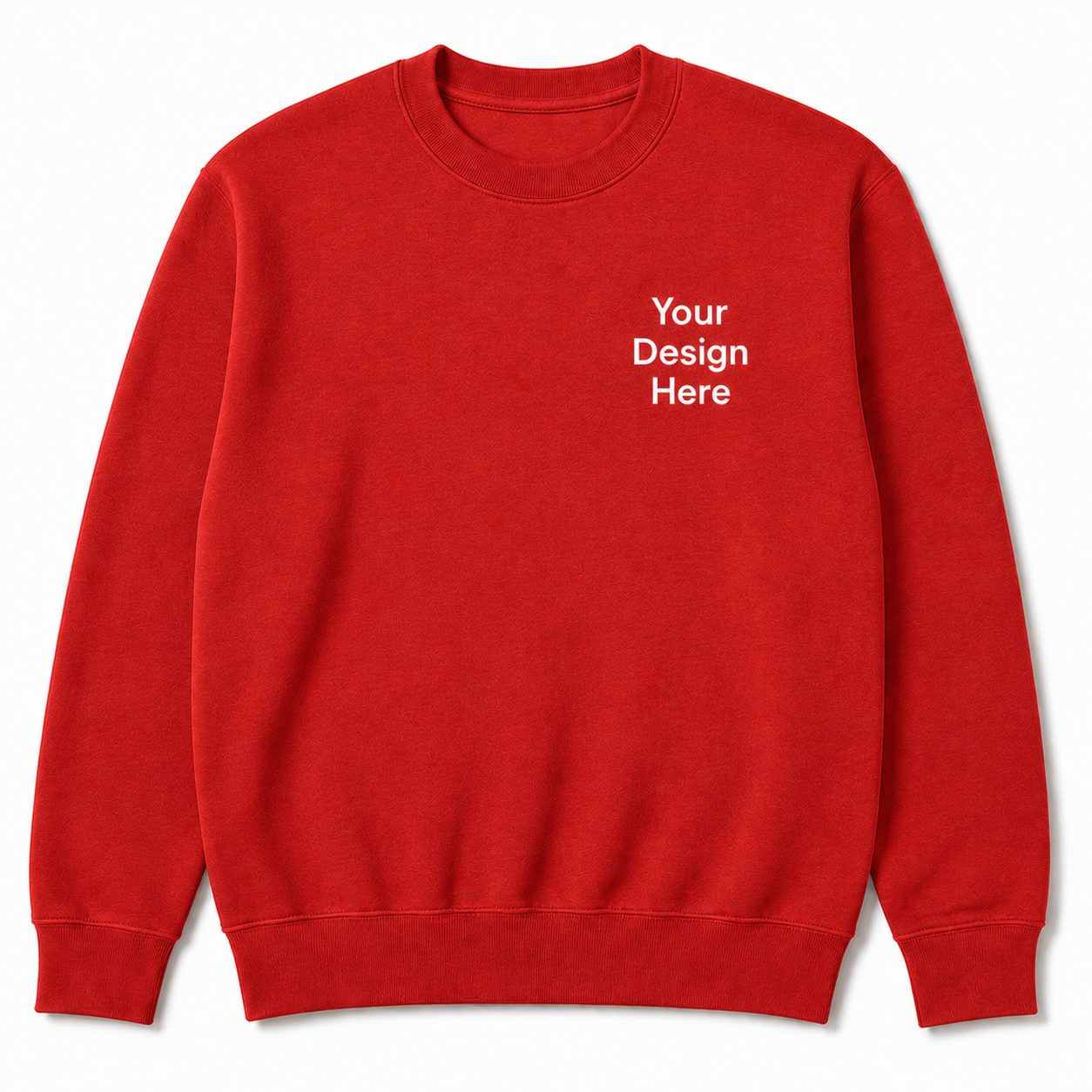 Bright red crewneck sweatshirt featuring a left chest embroidery placement. Designed for custom logos, promotional apparel, team uniforms, and personalized embroidery.