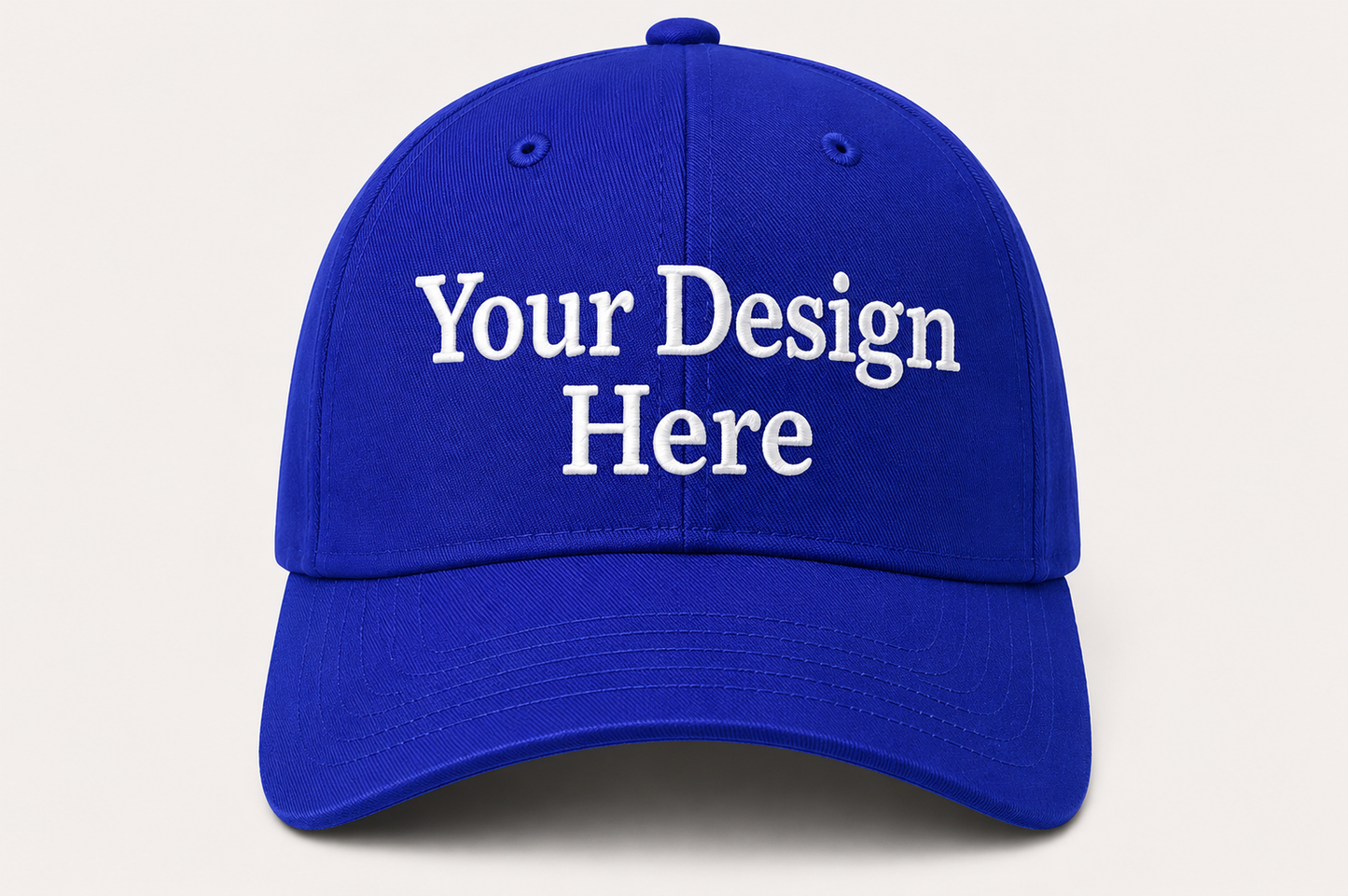 Royal blue baseball cap with custom embroidery, perfect for company apparel, events, and team branding.