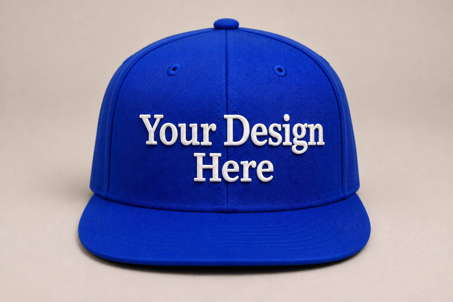 Vibrant royal blue flat bill snapback customized with your company logo or design.