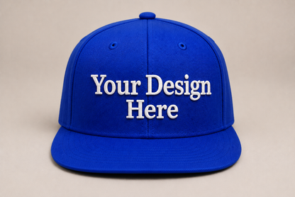 Vibrant royal blue flat bill snapback customized with your company logo or design.