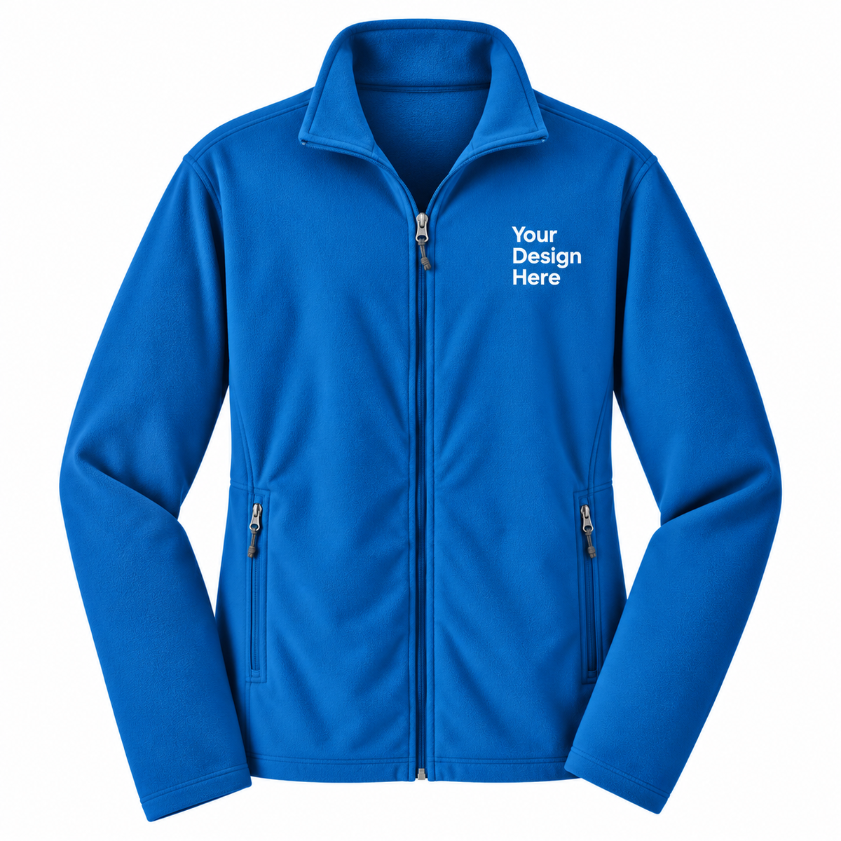 A royal blue full-zip fleece jacket with a stand-up collar, shown on a plain white background. The right chest features white placeholder text reading 'Your Design Here' indicating a customizable print area.

