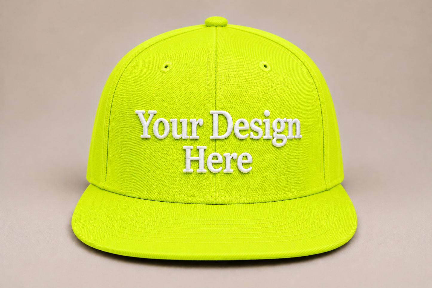High-visibility safety green snapback customized with embroidered logos for maximum brand exposure.