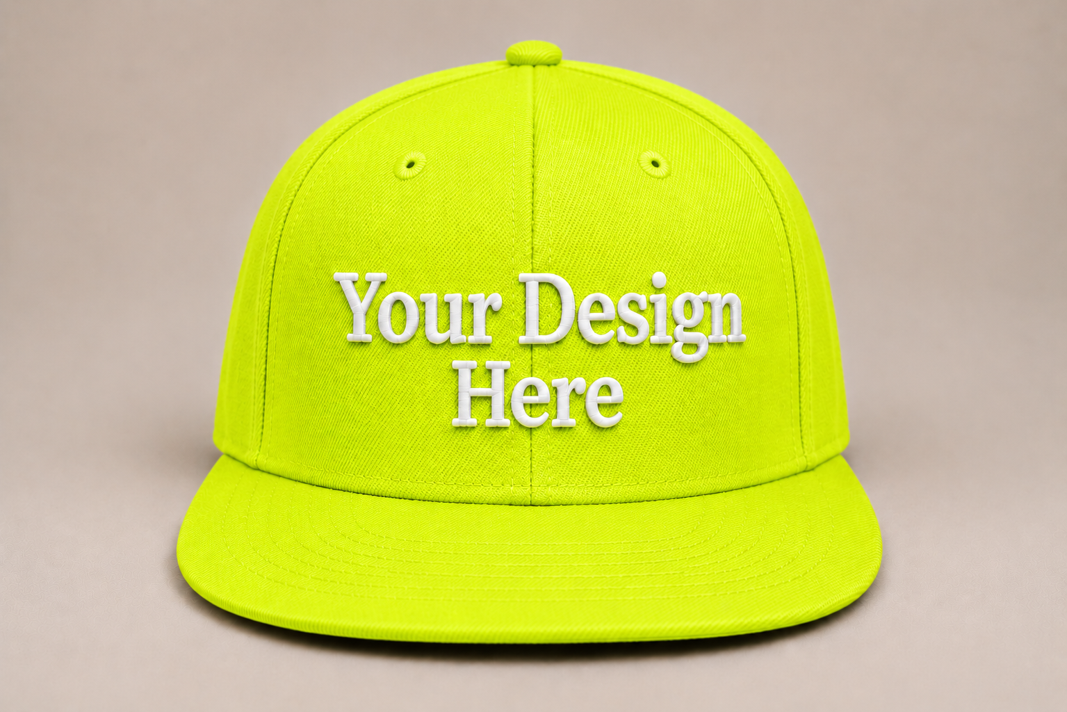 High-visibility safety green snapback customized with embroidered logos for maximum brand exposure.