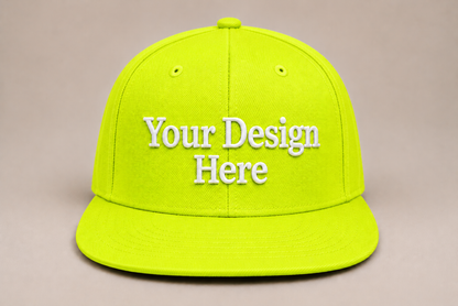 High-visibility safety green snapback customized with embroidered logos for maximum brand exposure.
