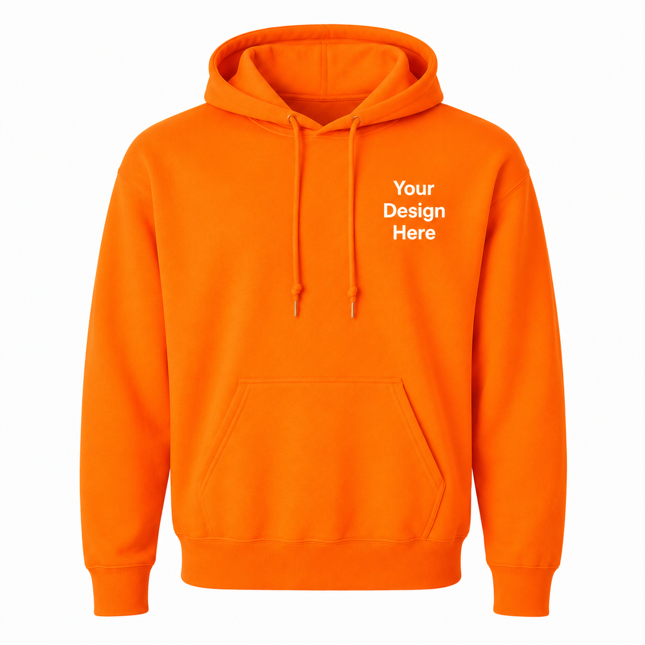 Bright safety orange hoodie customized with embroidered company logos. Perfect for construction teams, road crews, landscapers, and high-visibility work apparel.
