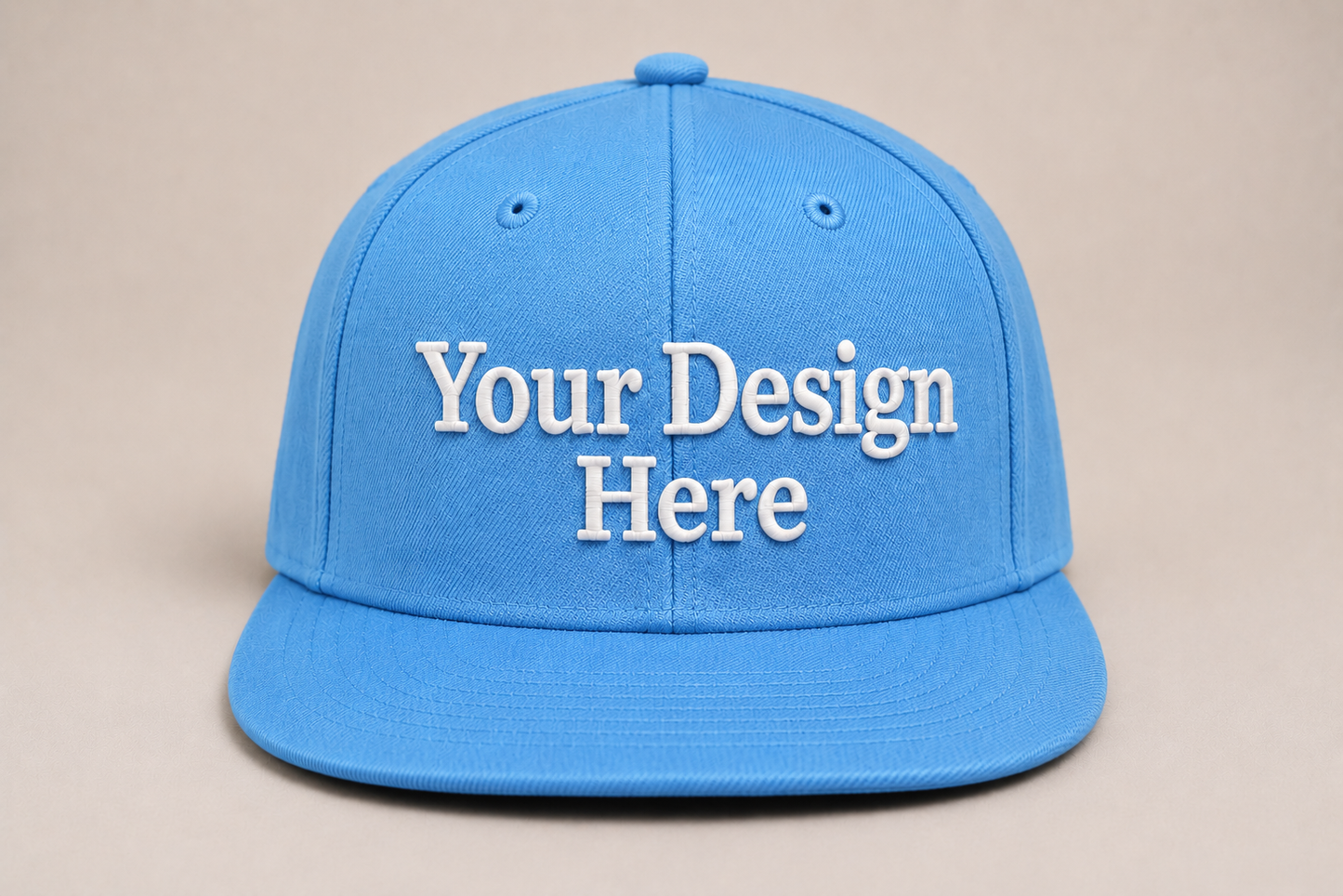 Light sky blue snapback cap embroidered with custom branding for businesses, events, and teams.