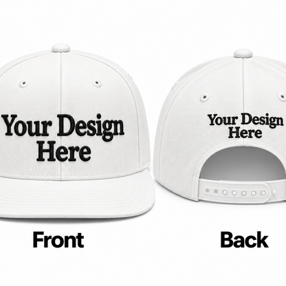 White custom embroidered snapback hat shown from the front and back