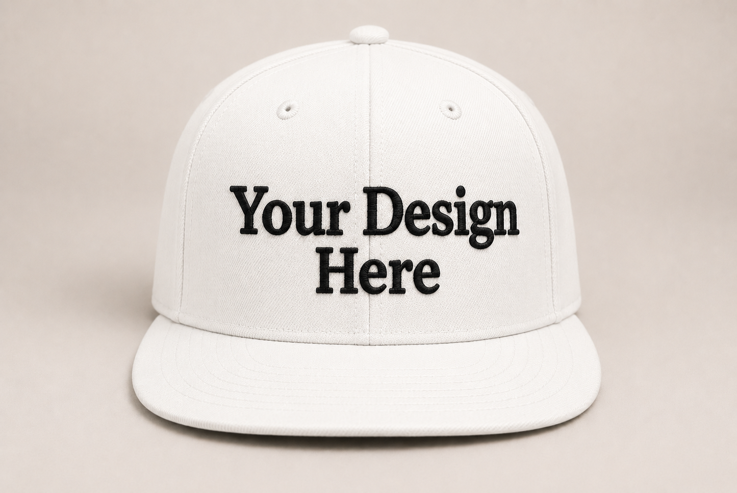 Clean white snapback hat with custom logo embroidery, perfect for businesses, organizations, and giveaways.