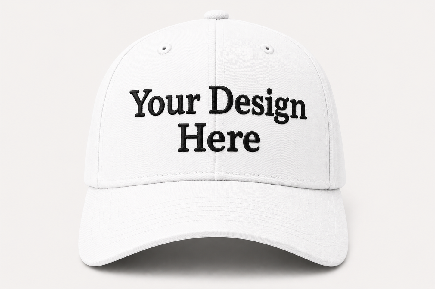 Clean white baseball cap embroidered with your design or logo for businesses, organizations, and promotional use.