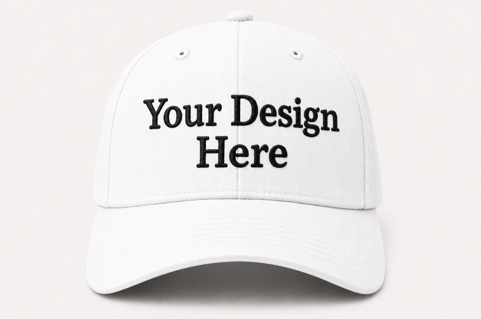 Clean white baseball cap embroidered with your design or logo for businesses, organizations, and promotional use.