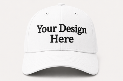 Clean white baseball cap embroidered with your design or logo for businesses, organizations, and promotional use.