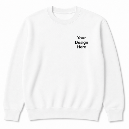 White Gildan crewneck sweatshirt displaying a left chest embroidery location. Perfect for custom logos, corporate apparel, schools, events, promotional clothing, and personalized embroidery.