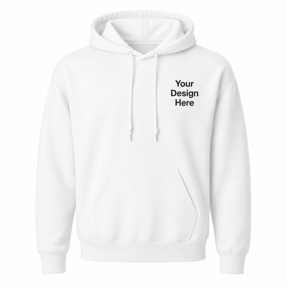 Clean white hoodie featuring custom embroidery services for businesses, schools, teams, events, and personalized clothing projects throughout Chicago and nationwide.