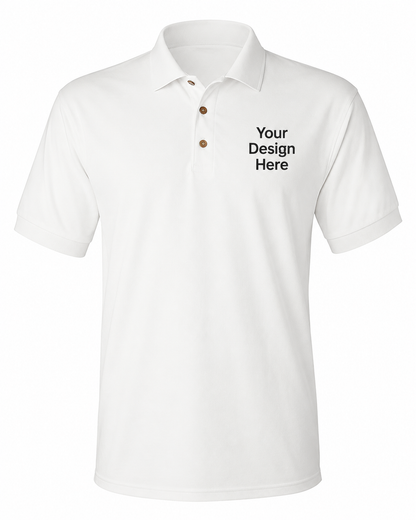 White custom business polo shirt for embroidery and DTF printing by Sharp Stitch