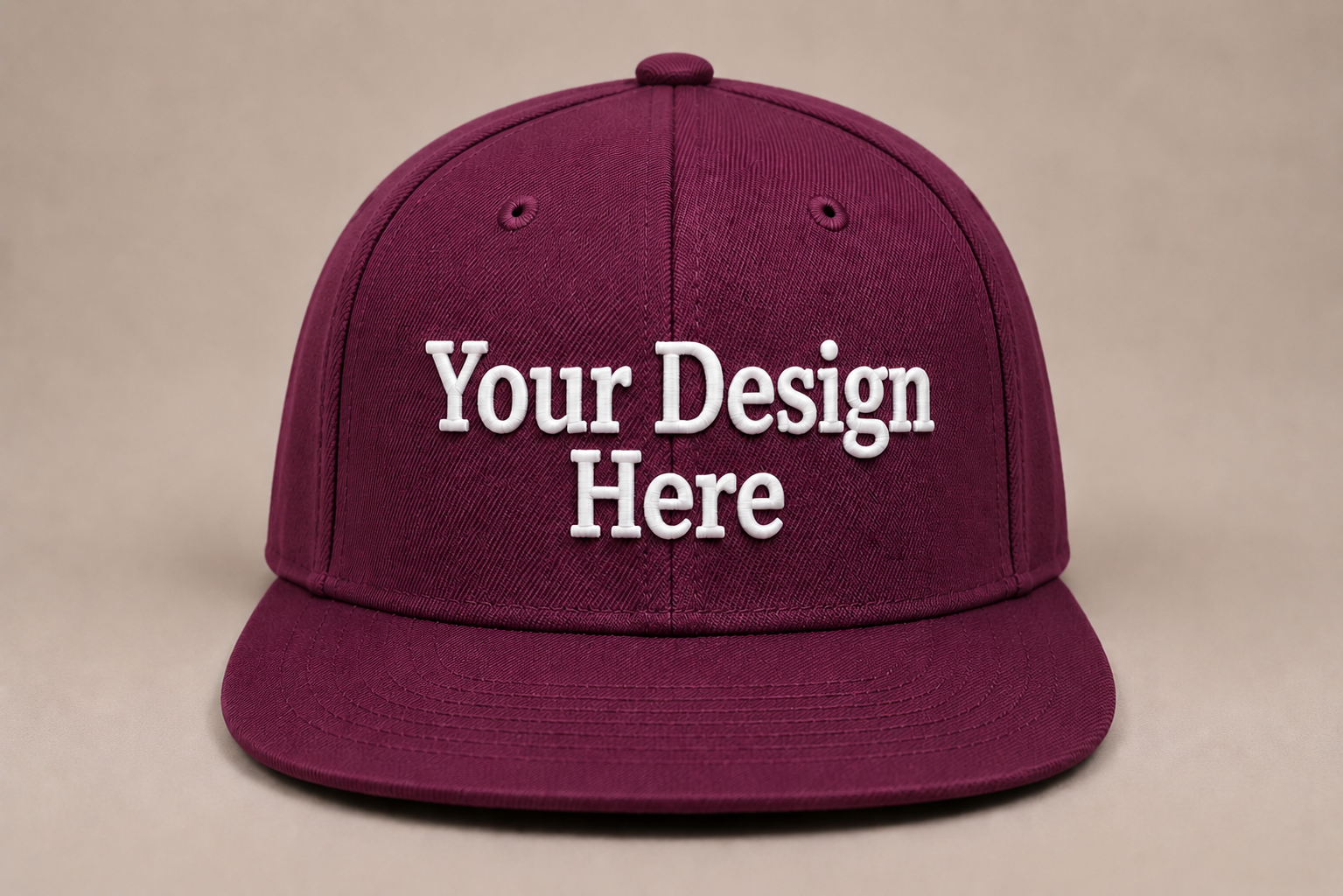 Deep wine-colored snapback featuring custom embroidery for premium branded apparel and uniforms.