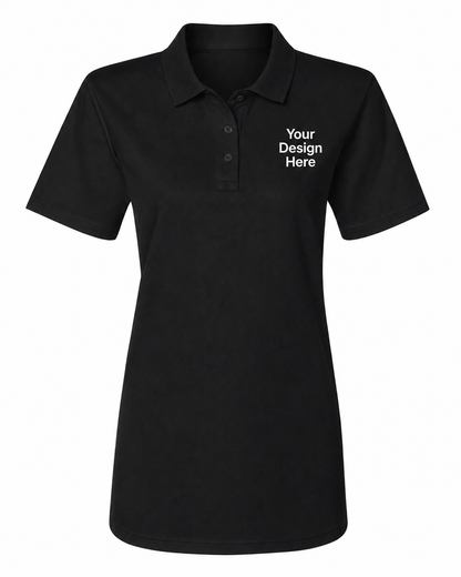 Black women's custom embroidered polo with left chest logo placement for business uniforms by Sharp Stitch.