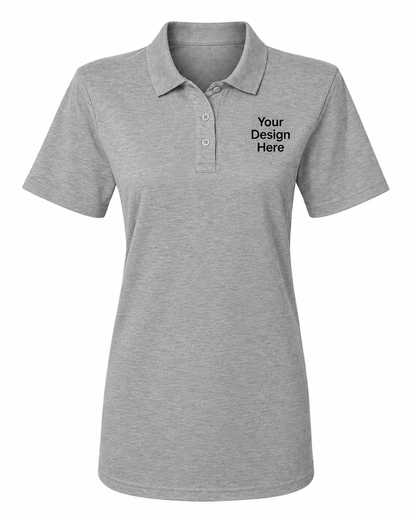Gray women's custom polo with custom logo embroidery for company uniforms and team apparel by Sharp Stitch.