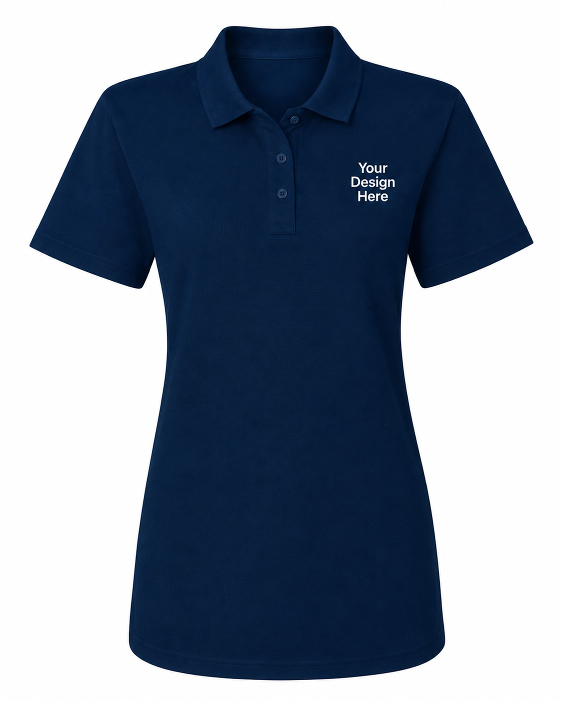 Navy women's embroidered polo customized with left chest business logo by Sharp Stitch.