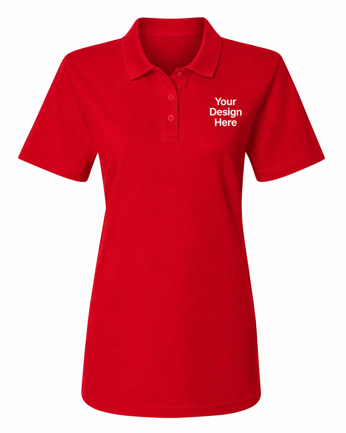 Red women's custom embroidered polo with personalized left chest logo for business apparel by Sharp Stitch.