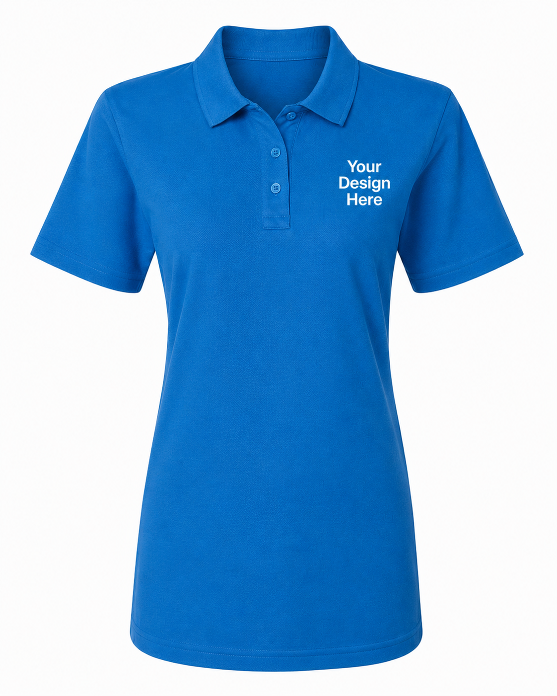 Royal blue women's custom embroidered polo with left chest company logo customization by Sharp Stitch.