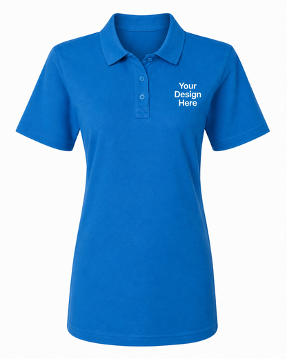 Royal blue women's custom embroidered polo with left chest company logo customization by Sharp Stitch.