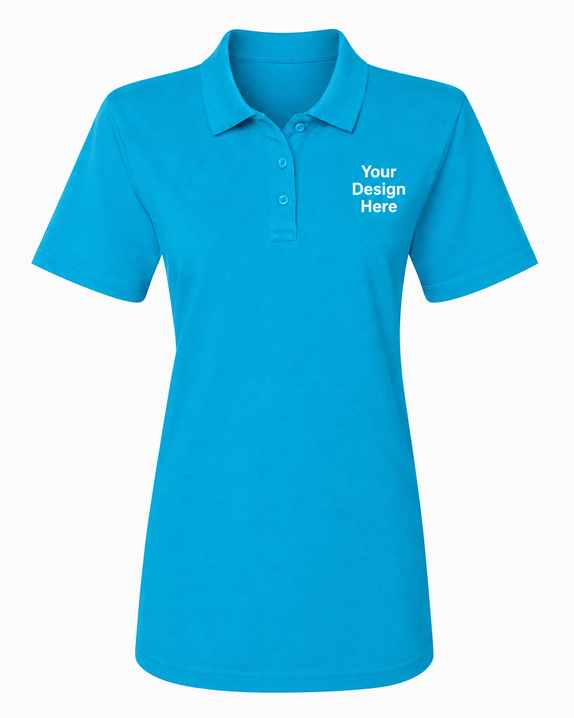 Sapphire blue women's custom embroidered polo featuring professional logo embroidery by Sharp Stitch.