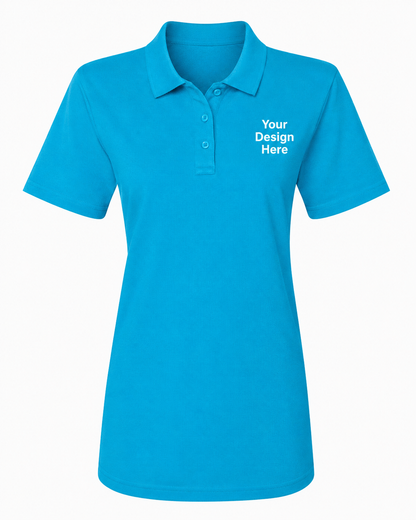Sapphire blue women's custom embroidered polo featuring professional logo embroidery by Sharp Stitch.