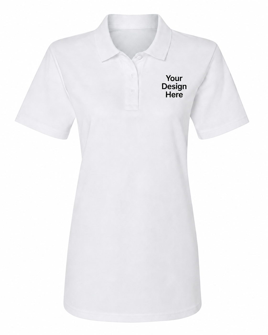 White women's custom embroidered polo featuring professional left chest logo embroidery by Sharp Stitch.