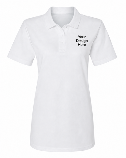 White women's custom embroidered polo featuring professional left chest logo embroidery by Sharp Stitch.