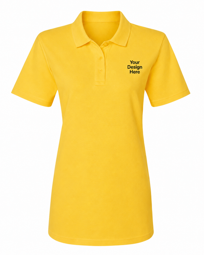Yellow women's custom embroidered polo with left chest logo embroidery for teams and businesses by Sharp Stitch.