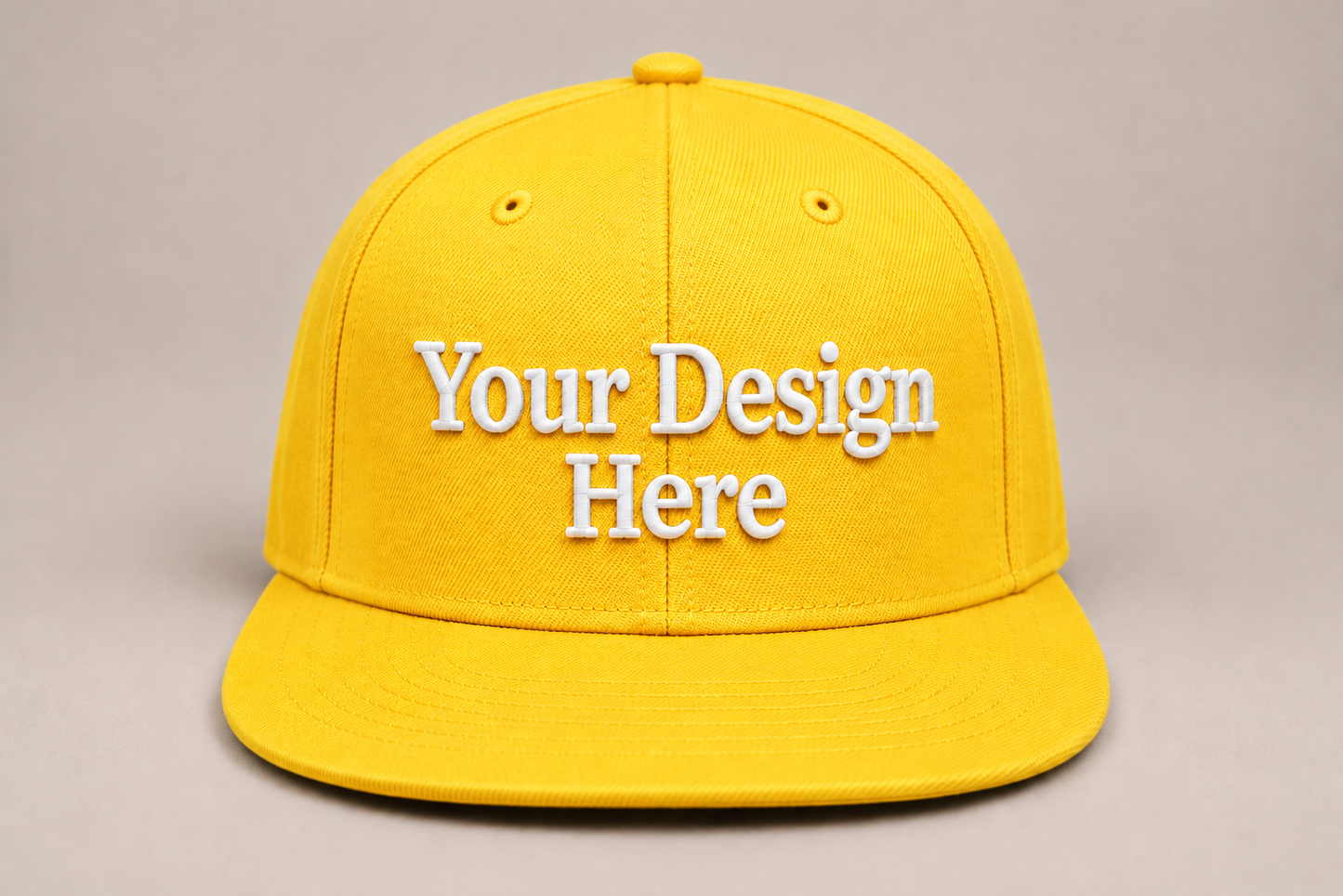 Bright yellow flat bill snapback customized with embroidery for events, marketing, and team apparel.