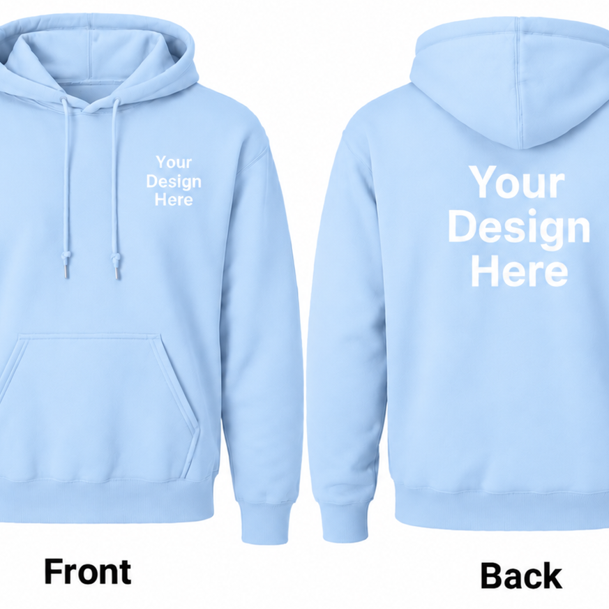 Light Blue custom Gildan 18500 hoodie with front and back DTF printing