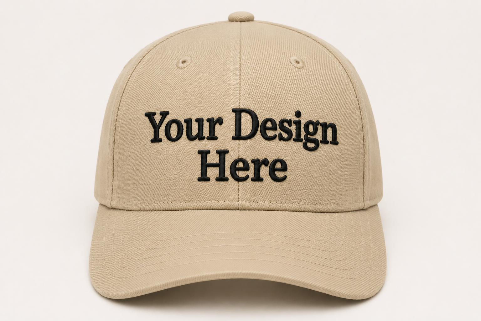 Beige cap with 'Your Design Here' text on a beige background