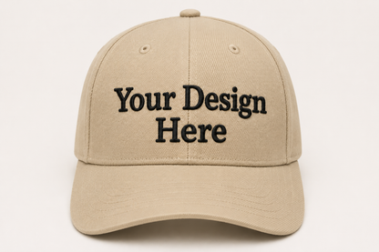 Beige cap with 'Your Design Here' text on a beige background