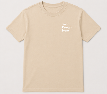 Beige Gildan 5000 Heavy Cotton custom apparel shirt decorated by Sharp Stitch Chicago