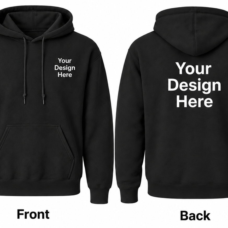 Black custom Gildan 18500 hoodie with front and back DTF printing