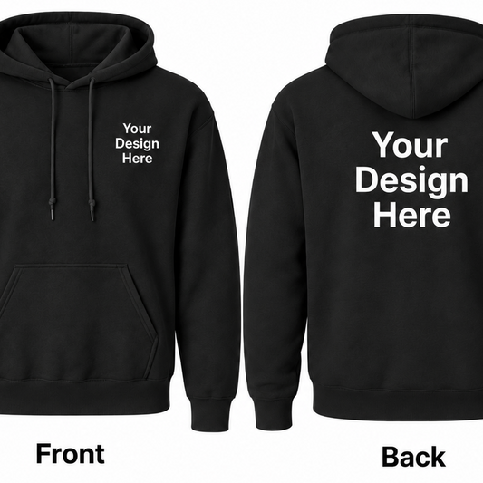 Black custom Gildan 18500 hoodie with front and back DTF printing