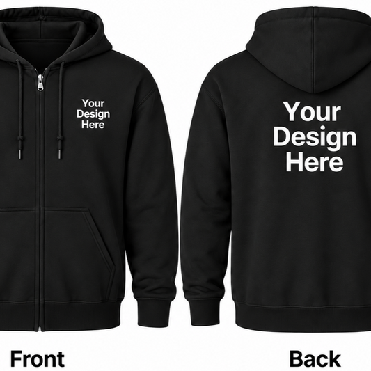 Black custom Gildan 18600 full-zip hoodie with front and back DTF printing