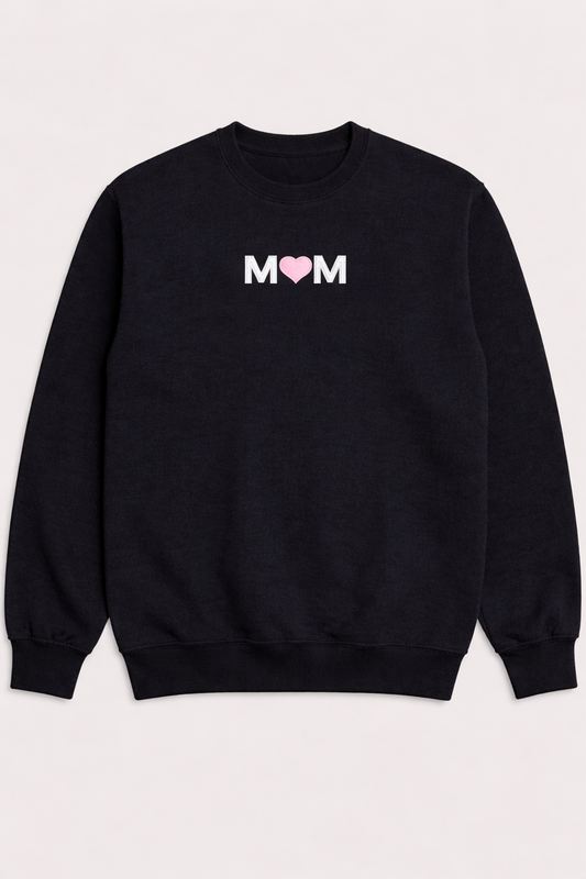 Black crewneck sweatshirt featuring a minimalist embroidered MOM design with a pink heart, perfect for Mother’s Day gift