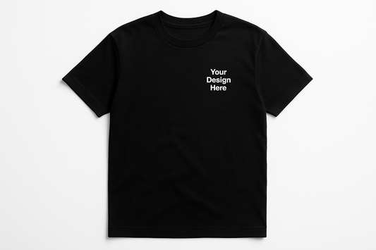 Black t-shirt with 'Your Design Here' text on a white background
Unisex short sleeve t-shirt featuring a crew neck and full-color DTF printed company or event logo. Available in multiple sizes and colors.
