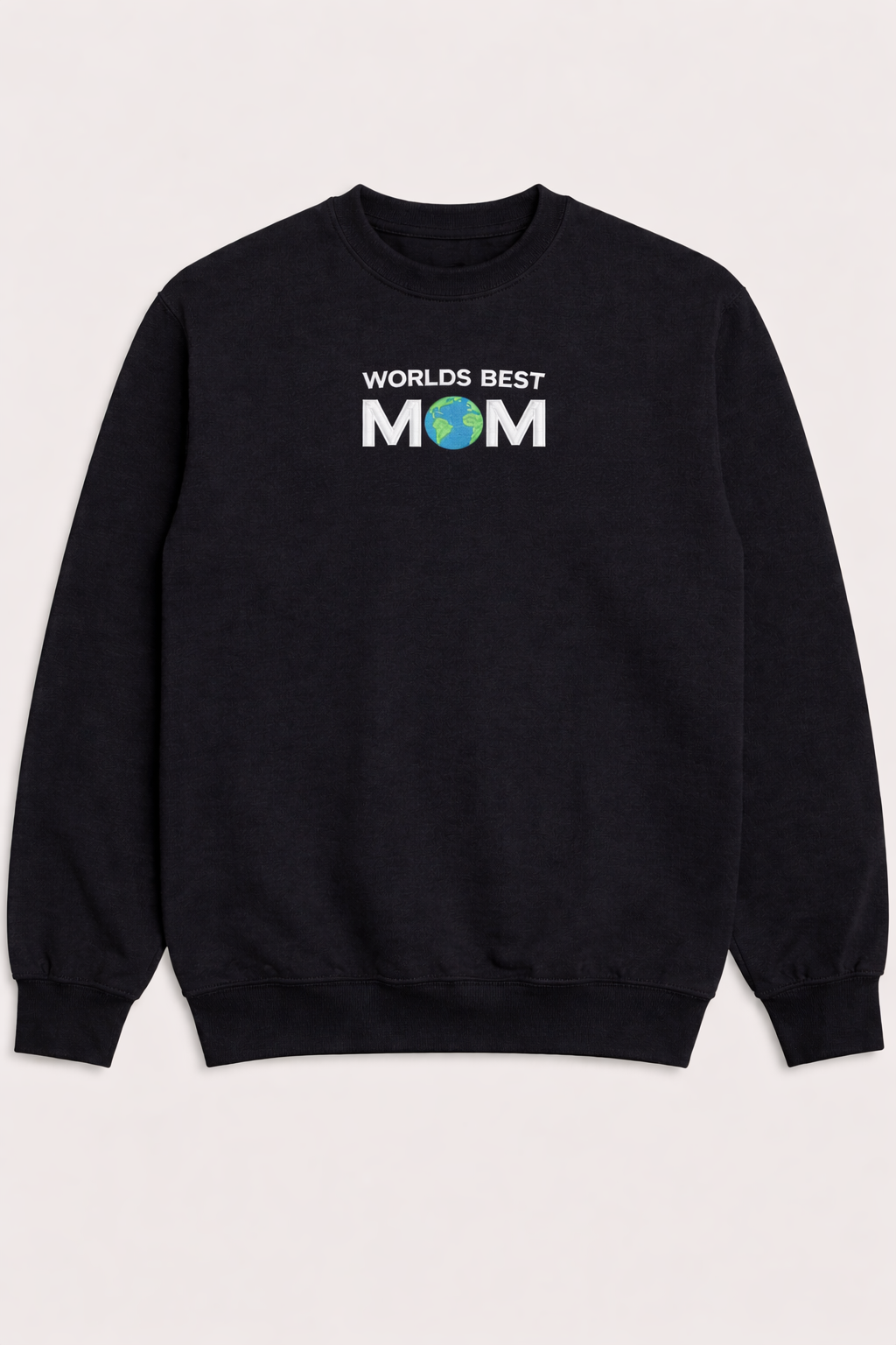 Black crewneck sweatshirt featuring a World’s Best Mom embroidered design with a globe detail, perfect for Mother’s Day gift