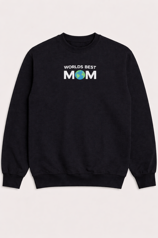 Black crewneck sweatshirt featuring a World’s Best Mom embroidered design with a globe detail, perfect for Mother’s Day gift