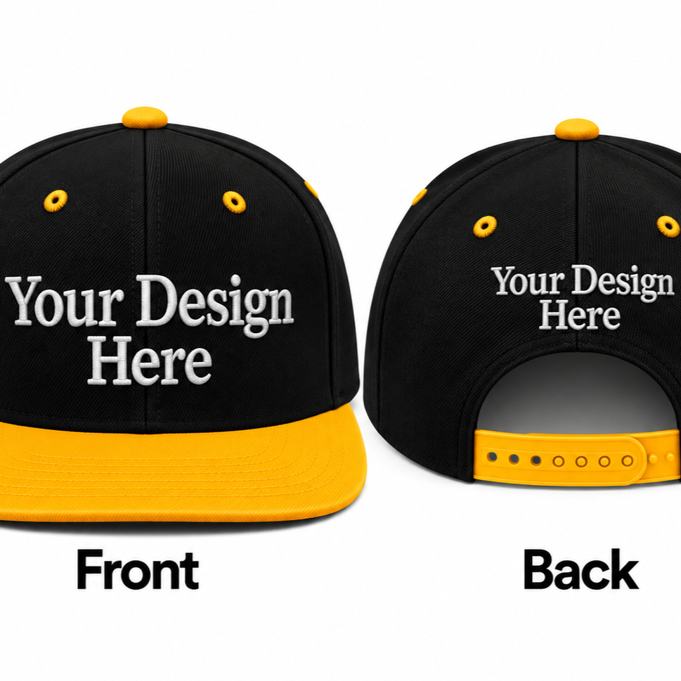 Black Yellow custom embroidered snapback hat shown from the front and back