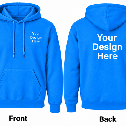 Blue custom Gildan 18500 hoodie with front and back DTF printing