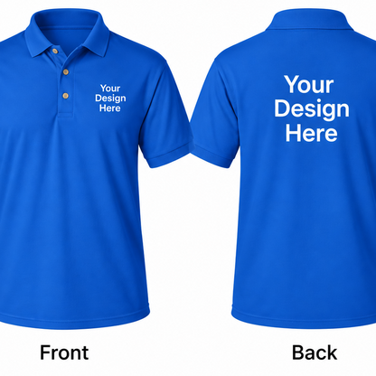 Royal Blue custom men’s polo showing front and back design placement