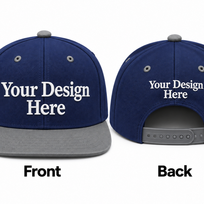 Navy Grey custom embroidered snapback hat shown from the front and back