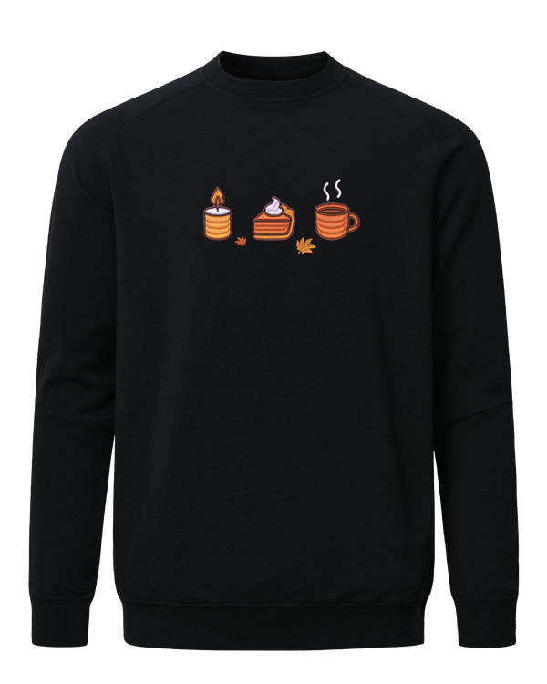 Cozy fall embroidered sweatshirt with candle, pumpkin pie, coffee cup, and autumn leaves design, perfect for seasonal autumn wear